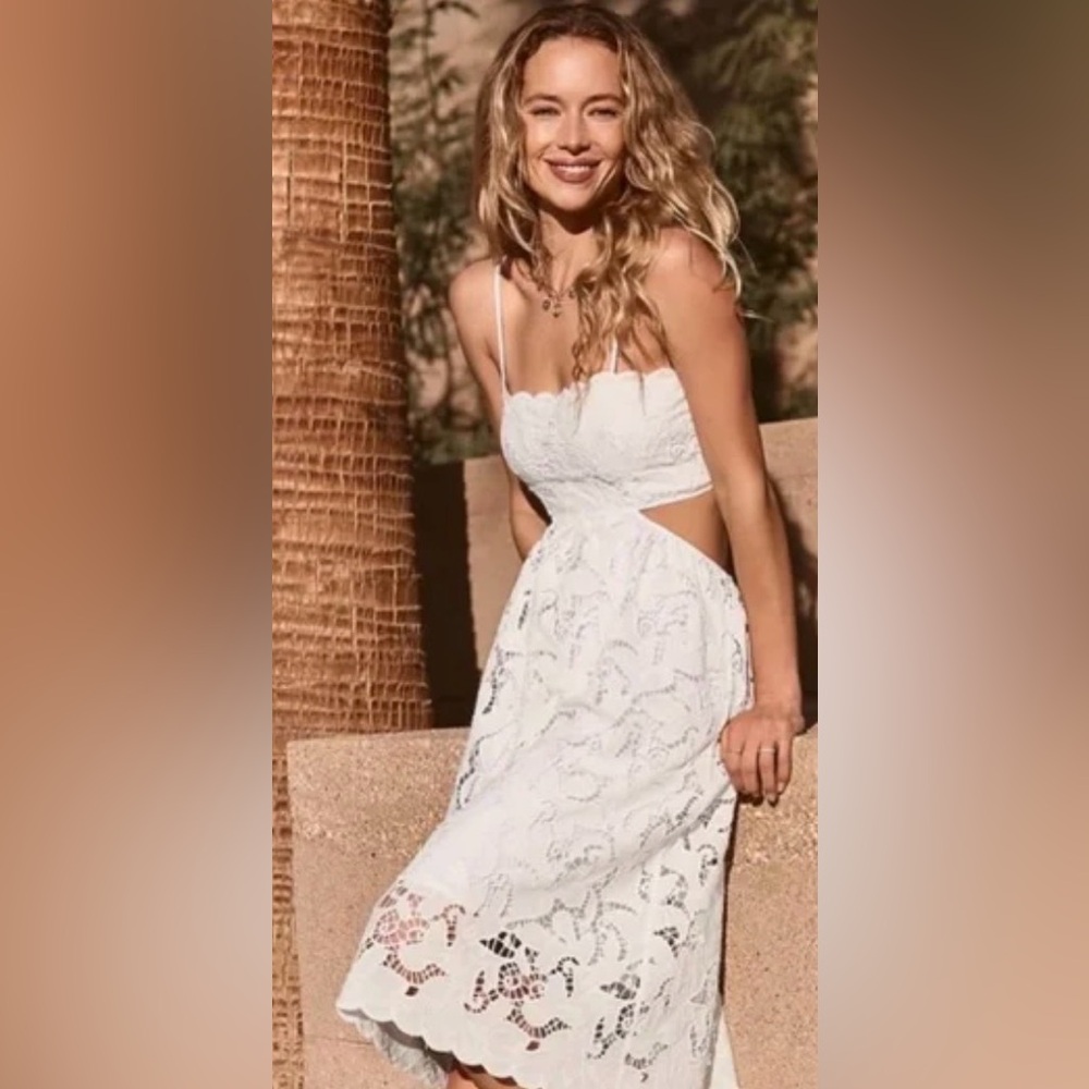 Express White Strapless Lace Midi Dress with Cutouts